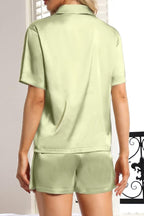 CHYRII Women's Silk Satin Pajamas Sets Tie Front Short Sleeve Tops and Shorts Two Piece Pj Sets Sleepwear