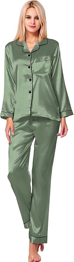 SWOMOG Womens Silk Satin Pajamas Set Long Sleeve Button Down Sleepwear 2 Piece Lounge Set Pj Set XS-3XL