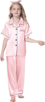 Umeyda Girls Womens Pajamas Set, Satin Silky Button Down Loungewear 2 Piece Short Sleeve Pants PJS Sets for Mommy Kids