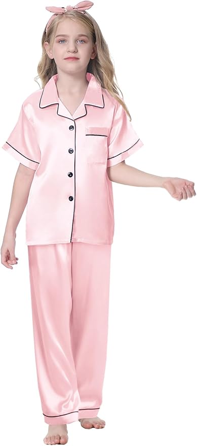 Umeyda Girls Womens Pajamas Set, Satin Silky Button Down Loungewear 2 Piece Short Sleeve Pants PJS Sets for Mommy Kids