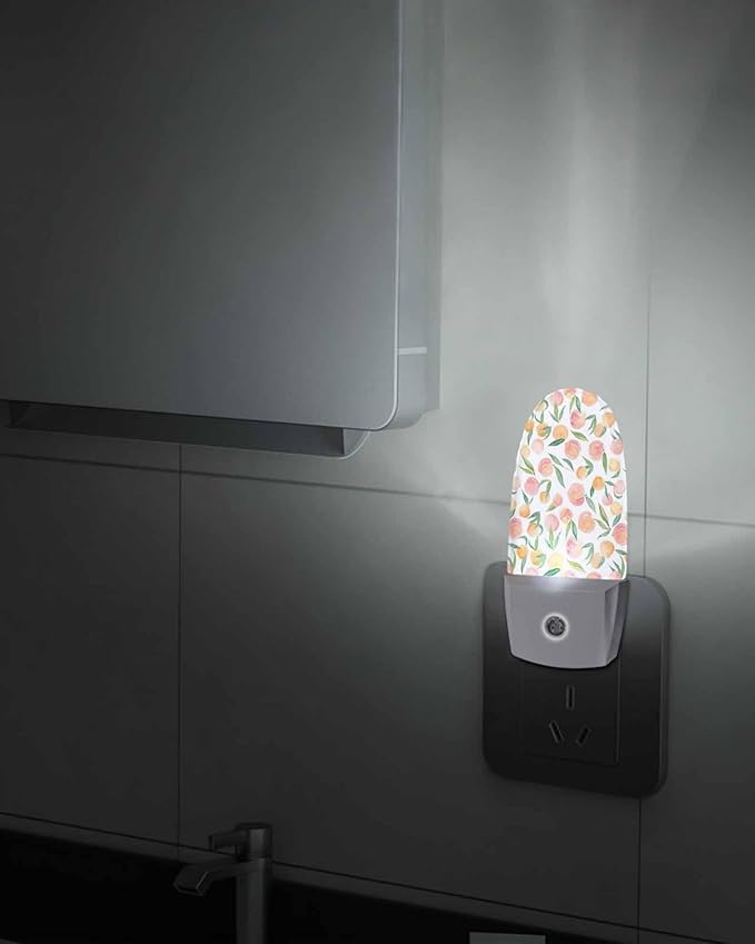 Watercolor Peaches Green Leaves Night Light Plug into Wall, Spring Botanical Plant Popsicle Shape Night Light Nightlight with Light Sensors for Kids Bedroom Hallway