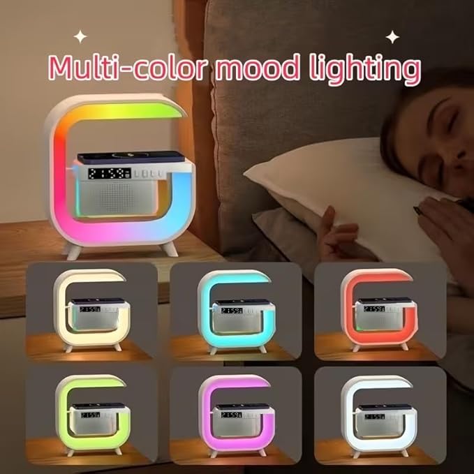 LED Table Lamp Speaker with Wireless Charger, Night Light Lamp with Bluetooth Speaker, Sunrise Alarm Clock, Smart Mini Atmosphere Lamp for Bedroom, Office, Living Area (White)