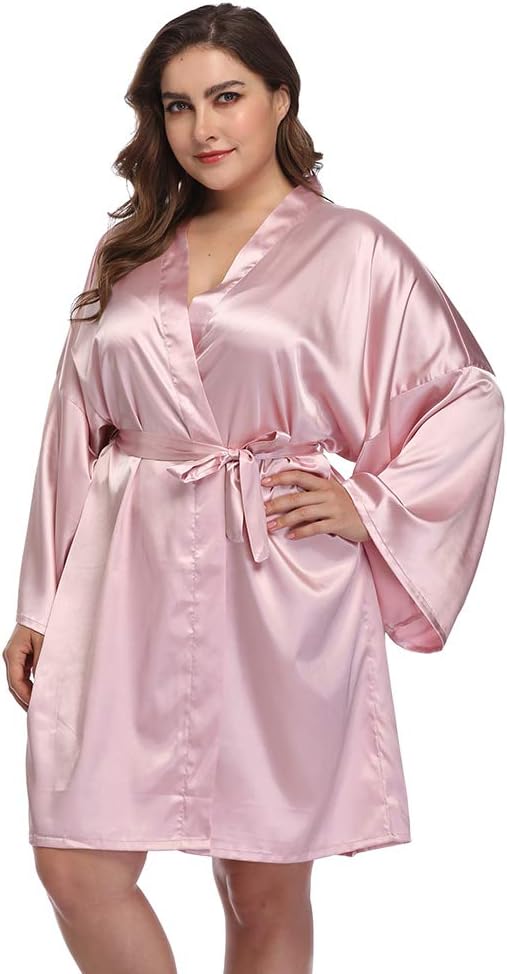 Women's Plus Size Short Satin Kimono Robes Sleepwear Bathrobes Silky Dressing Gown
