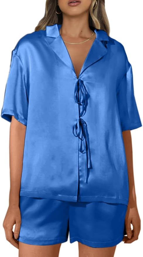 CHYRII Women's Silk Satin Pajamas Sets Tie Front Short Sleeve Tops and Shorts Two Piece Pj Sets Sleepwear