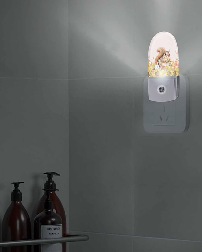 Night Light Plug into Wall, Thanksgiving Day Fall Squirrel Sunflowers Botanical Leaves Berries Peach Popsicle Shape Night Light LED Nightlight with Light Sensors for Kids Bedroom Hallway