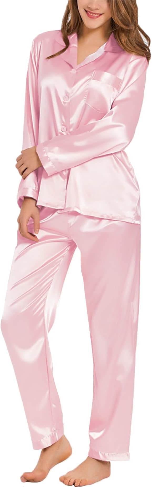 SWOMOG Long Sleeve Pajamas Set Silk Satin Sleepwear Button Down Pjs Loungewear with Pocket