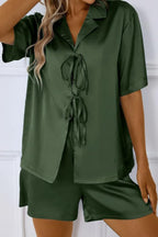 CHYRII Women's Silk Satin Pajamas Sets Tie Front Short Sleeve Tops and Shorts Two Piece Pj Sets Sleepwear
