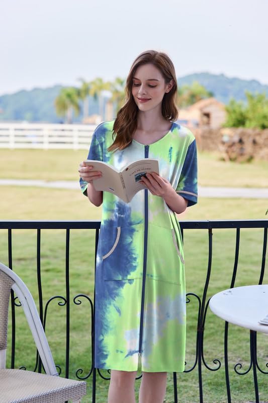 Ekouaer Women Zipper Robe Short Sleeve Duster Housecoat Short Bathrobes Zip Front Nightgown with Pockets S-3XL