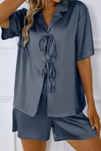 CHYRII Women's Silk Satin Pajamas Sets Tie Front Short Sleeve Tops and Shorts Two Piece Pj Sets Sleepwear