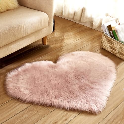 Faux Fur Sheepskin Heart Shaped Area Rugs, 12"x16" Luxurious Wool Love Floor Carpets Bathroom Non-Slip Mat for Home Decor Nursery Living Room Bedroom Pet Kids and Baby Room (Pink)