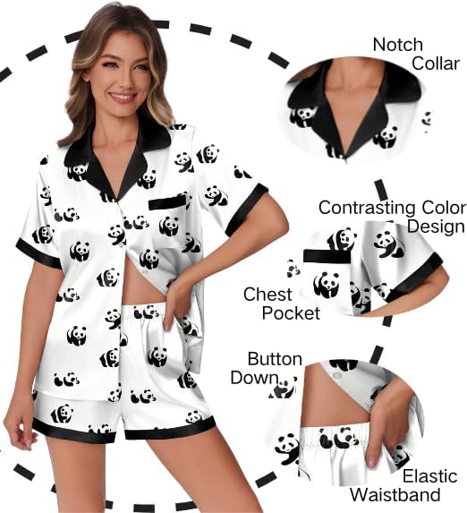 Ekouaer Womens Silk Satin Pajamas Set Animals Print Pjs Button Down Short Sleeve Lounge Set 2 Piece Sleepwear