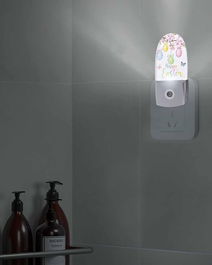 Easter Spring Pink Blossom Peach Night Light Plug into Wall, Eggs Flower Butterfly Popsicle Shape Night Light Nightlight with Light Sensors for Kids Bedroom Hallway