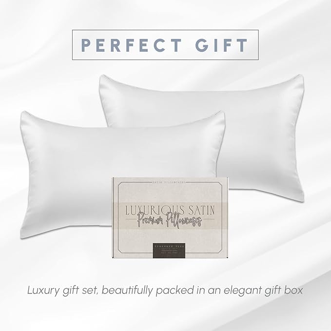 Elegant Comfort 2-Pack Cooling Viscose Satin Pillowcase Set with Hidden Zipper Closure, Silky Smooth for Best Hair and Skin Care-Beautiful Gift Box-2-Piece Satin Pillowcase Set, Standard/Queen, White