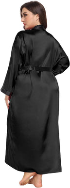 Womens Plus Size Silky Satin Kimono Robe Floral Long Bathrobe Wedding Sleepwear Dressing Gown