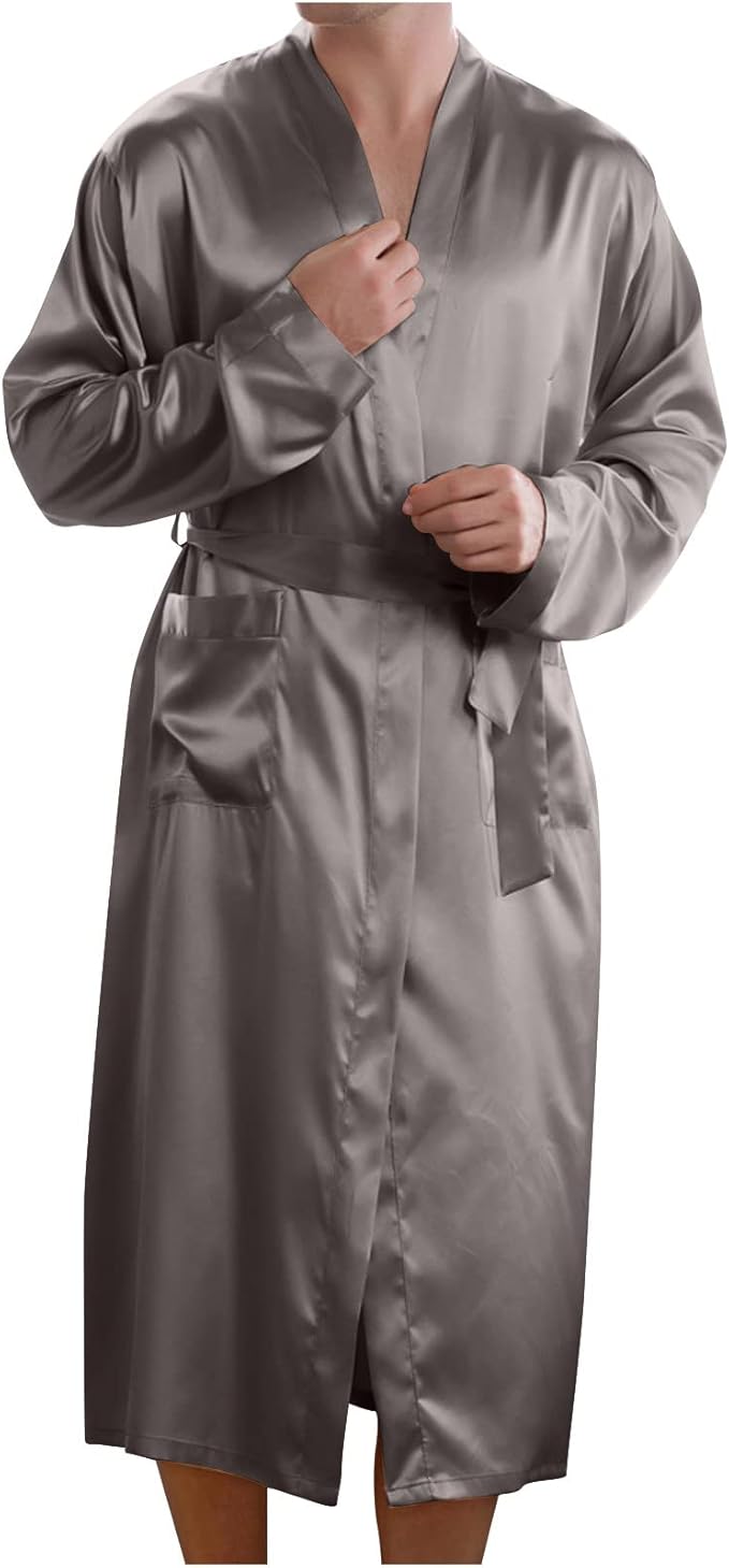 Men's Satin Robe Silky Bathrobe Soft Comfy Casual Bathrobe Fashion Comfy Solid Color Long Loungewear with Pocket
