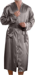 Men's Satin Robe Silky Bathrobe Soft Comfy Casual Bathrobe Fashion Comfy Solid Color Long Loungewear with Pocket