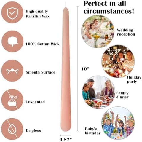 12 Pack 10 inch Soft Peach Taper Candles, Unscented Dripless Candlesticks Bulk for Home Dinner Wedding Romantic, Long-Lasting Burn Time of 7-8 Hour