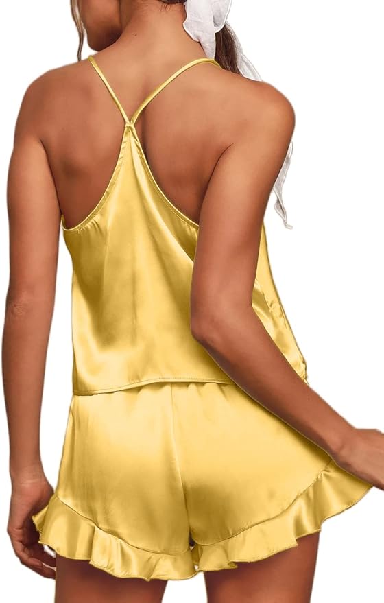 CHYRII Women's Sexy Silk Satin Ruffled Pajamas Sets Cami Shorts Sets Sleepwear