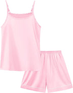 Weixinbuy Girls Pajamas Silk PJS Set Sleeveless Pajama Tank Elastic Waist Shorts Sleepwear Kids Summer Nightwear Clothes Set