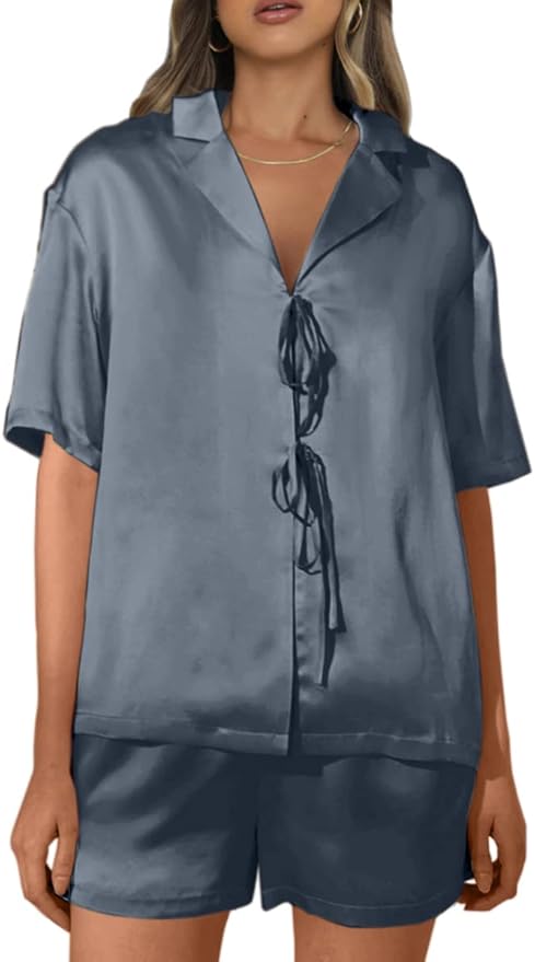 CHYRII Women's Silk Satin Pajamas Sets Tie Front Short Sleeve Tops and Shorts Two Piece Pj Sets Sleepwear