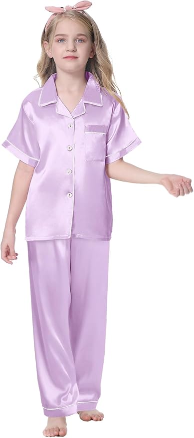 Umeyda Girls Womens Pajamas Set, Satin Silky Button Down Loungewear 2 Piece Short Sleeve Pants PJS Sets for Mommy Kids