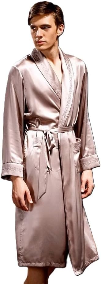Men's 100% Mulberry Silk Long Robe Kimono Paisley Print Bath Robe, Heavy Silk 19 Momme Dressing Gown