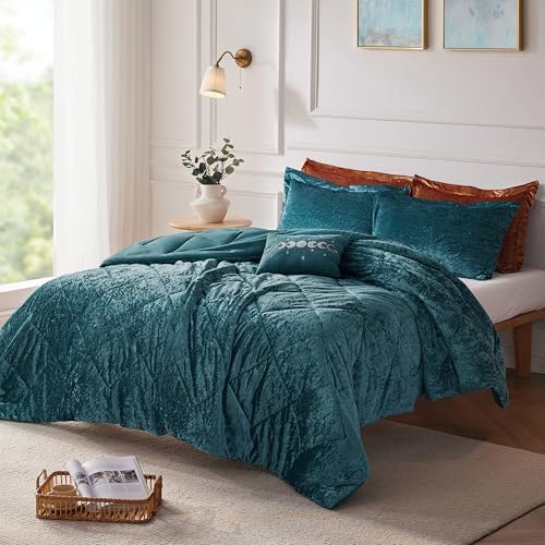 Intelligent Design Twin Comforter Set, Velvet Comforter Set , Luxury Diamond Quilting Comforter Set, Fluffy Comforter Bed Set with Decorative Pillowand 1 Sham, 3 Piece Teal, Twin/Twin XL