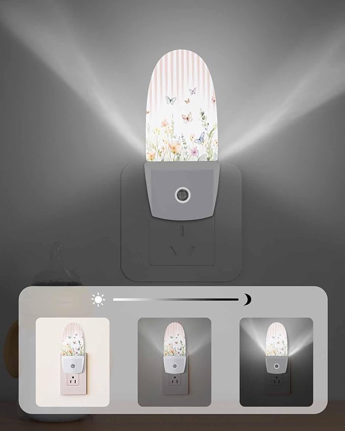 Night Light Plug into Wall, Spring Summer Flowers Floral Leaves Striped Lines Orange Green Peach White Popsicle Shape Night Light LED Nightlight with Light Sensors for Kids Bedroom Hallway