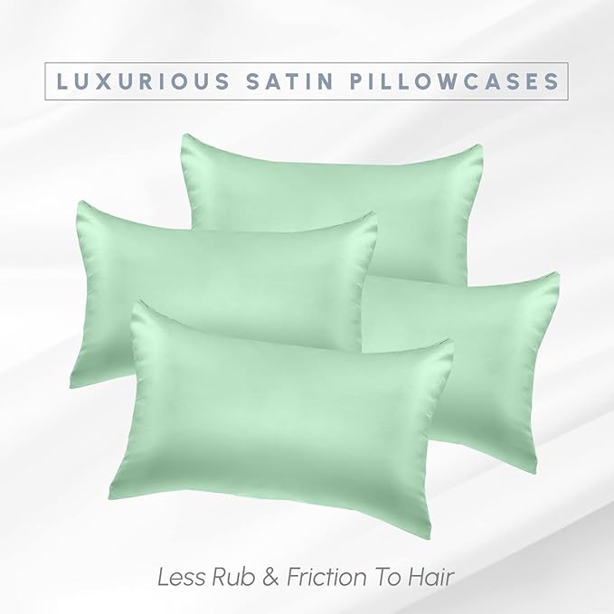 Elegant Comfort 4-Pack Cooling Viscose Satin Pillowcase Set with Hidden Zipper Closure, Silky Smooth for Best Hair and Skin Care-Beautiful Gift Box-4-Piece Satin Pillowcase Set, King, Mint Green