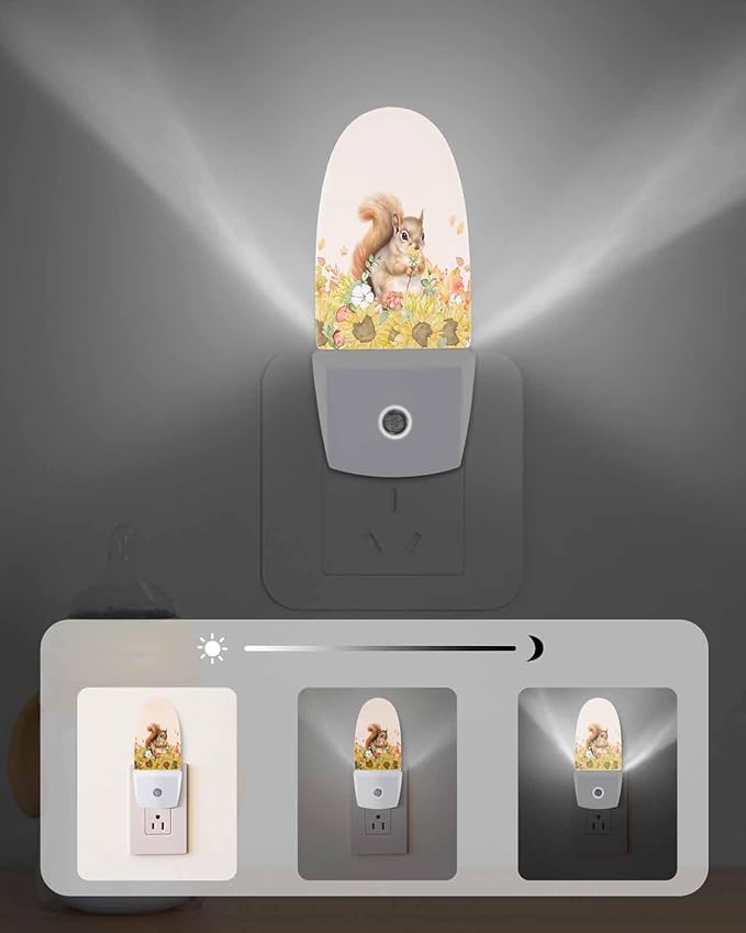 Night Light Plug into Wall, Thanksgiving Day Fall Squirrel Sunflowers Botanical Leaves Berries Peach Popsicle Shape Night Light LED Nightlight with Light Sensors for Kids Bedroom Hallway