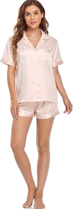 Serenedelicacy Women's Satin Pajama Set 2-Piece Sleepwear Loungewear Button Down Short Sleeve Silky PJ Set