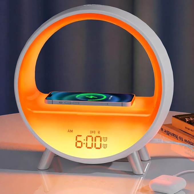 MOMILLA Sunrise Alarm Clock with 15W Wireless Charging Station, Bluetooth Speaker & White Noise Machine - Wake Up Light with Layered Ambient Glow, Sunset Sleep Aid, Zen Gifts for Women, Adults, Teens