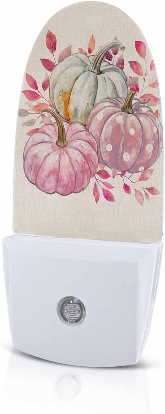 Night Light Plug into Wall, Fall Thanksgiving Day Peach Gray Pumpkins Botanical Leaves Hand Painted Beige Popsicle Shape Night Light LED Nightlight with Light Sensors for Kids Bedroom Hallway