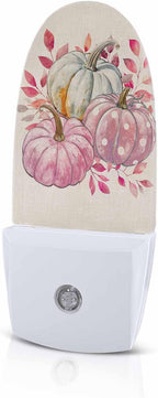 Night Light Plug into Wall, Fall Thanksgiving Day Peach Gray Pumpkins Botanical Leaves Hand Painted Beige Popsicle Shape Night Light LED Nightlight with Light Sensors for Kids Bedroom Hallway
