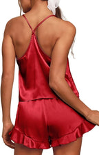 CHYRII Women's Sexy Silk Satin Ruffled Pajamas Sets Cami Shorts Sets Sleepwear