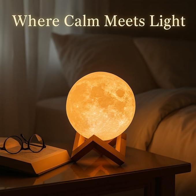 Mydethun Moon Lamp - 4.7' Gifts for Women, 3D Printed LED Night Light w/Wooden Base, Birthday Gifts for Mom, Wife, Girlfriend, Dual Color Touch-Dimmable Wedding Decor, White & Yellow