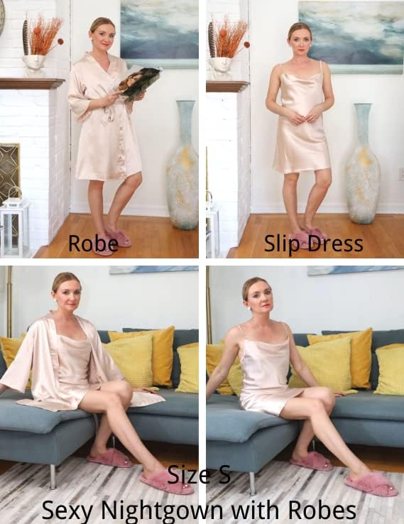 Ekouaer Women's Satin Robe Set Nightgown with Robes Silk Pajama Set 2 Pieces Lingerie Cowl Neck Cami Sleepwear Sets