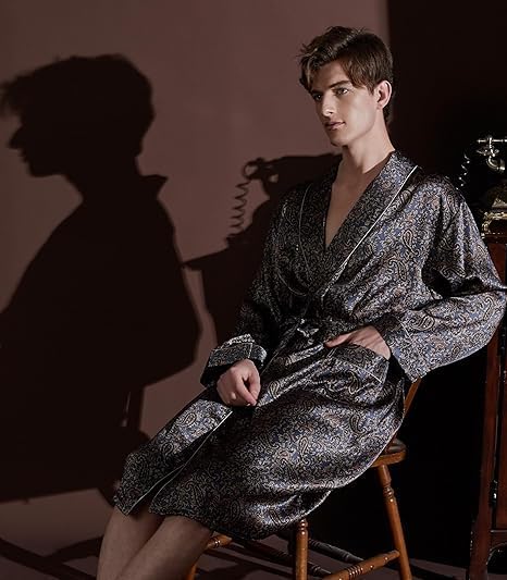 Men's 100% Mulberry Silk Long Robe Kimono Paisley Print Bath Robe, Heavy Silk 19 Momme Dressing Gown
