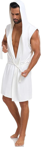 VintageClothing Men's Summer Robe with Hooded Lightweight Bathrobe House Kimono Sleeveless Sexy Sleepwear Pajamas