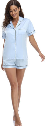 Serenedelicacy Women's Satin Pajama Set 2-Piece Sleepwear Loungewear Button Down Short Sleeve Silky PJ Set