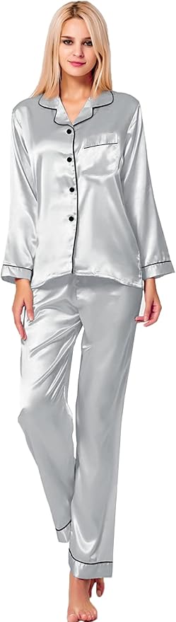SWOMOG Womens Silk Satin Pajamas Set Long Sleeve Button Down Sleepwear 2 Piece Lounge Set Pj Set XS-3XL