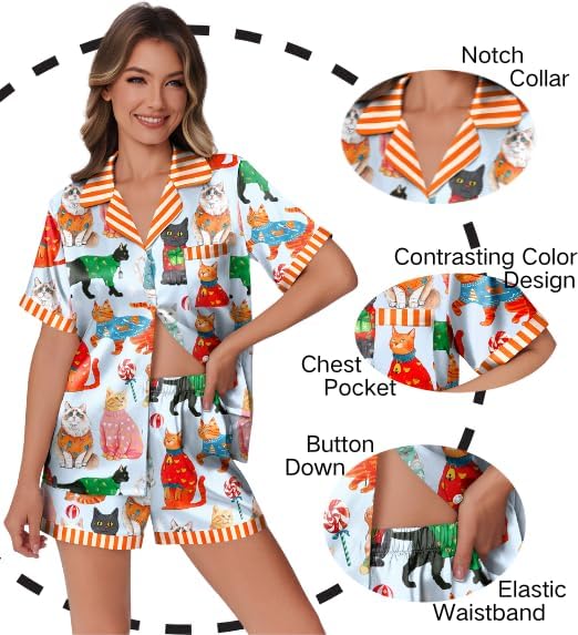 Ekouaer Womens Silk Satin Pajamas Set Animals Print Pjs Button Down Short Sleeve Lounge Set 2 Piece Sleepwear