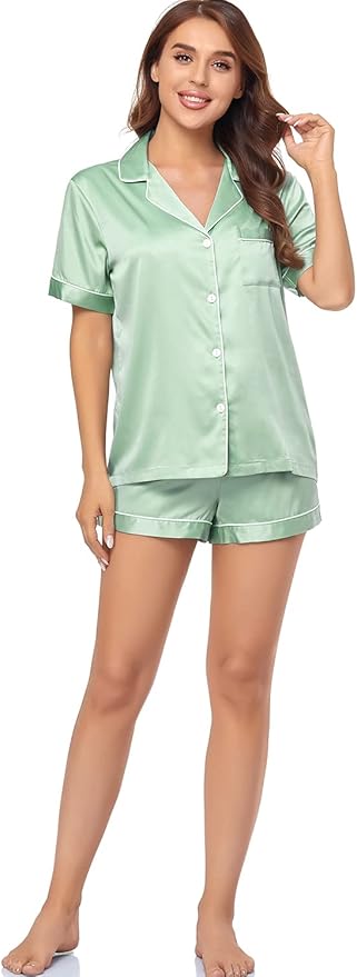 Serenedelicacy Women's Satin Pajama Set 2-Piece Sleepwear Loungewear Button Down Short Sleeve Silky PJ Set
