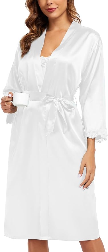 BestWendding Women's Silk Robe Set 2 Pieces Pajamas Sets Sexy Soft Satin Robe with V Neck Camisole Lingerie Nightgown