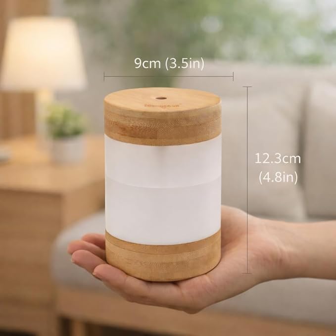 Premium Sustainable Bamboo Mini Humidifier (Improved Version) – 400ml Ultrasonic Cool Mist, Quiet Desktop Design with Phone Stand, Dual LED Light, USB-C, Auto Shut-Off for Bedroom & Office