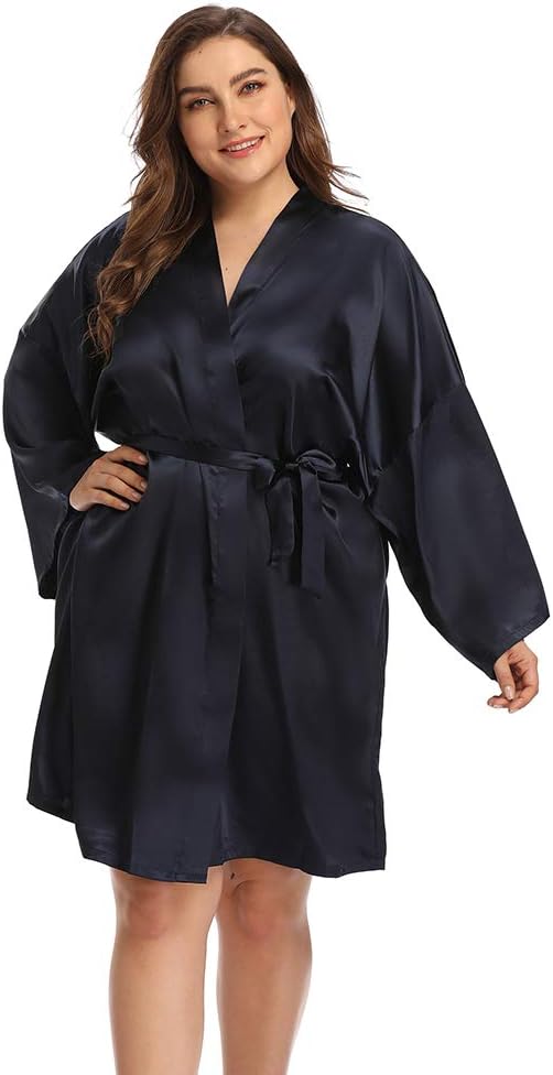 Women's Plus Size Short Satin Kimono Robes Sleepwear Bathrobes Silky Dressing Gown