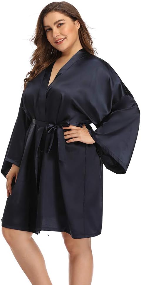 Women's Plus Size Short Satin Kimono Robes Sleepwear Bathrobes Silky Dressing Gown
