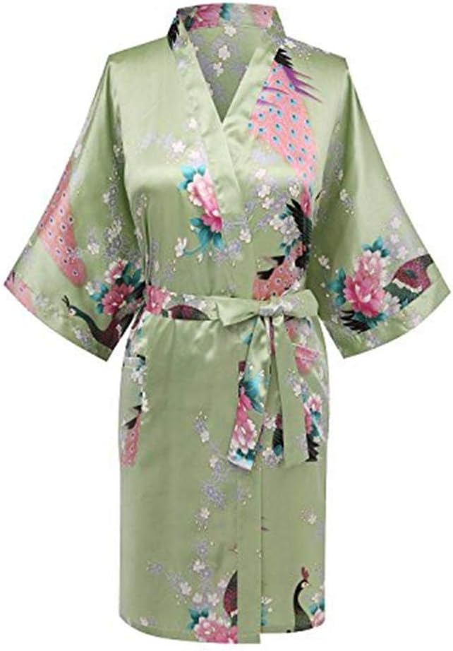 Women's Short Kimono Robes Bride and Bridesmaid Satin Floral Bathrobe Peacock Sleepwear Dressing Gown for Wedding Party