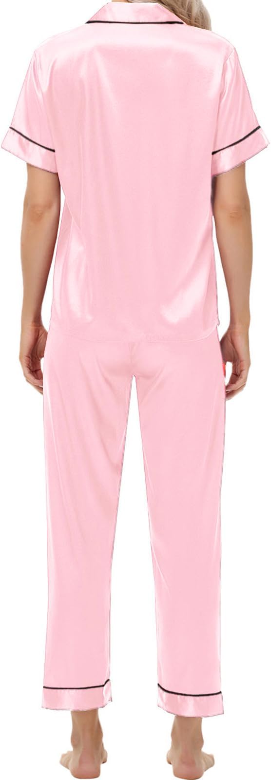 Women's Satin Pajama Set Short Sleeve Silk Top and Pants Set Classic Button Down 2-Piece Sleepwear Loungewear