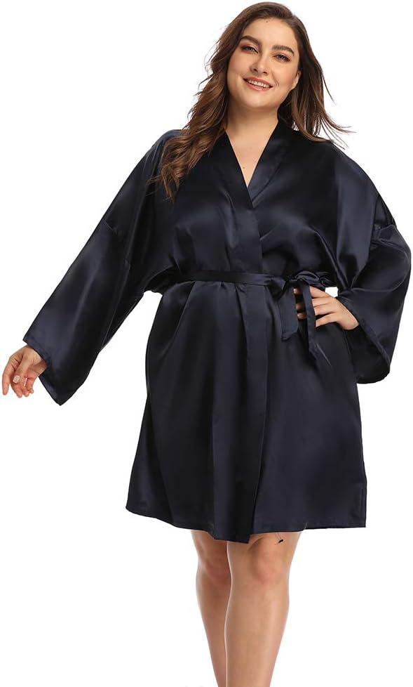 Women's Plus Size Short Satin Kimono Robes Sleepwear Bathrobes Silky Dressing Gown